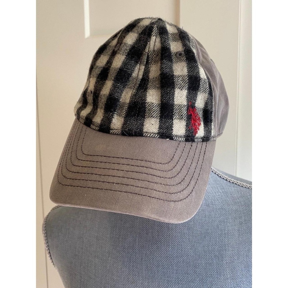 U.S Polo Hat Ball Cap Adjustable Grey Plaid Distressed Cotton Embroidered